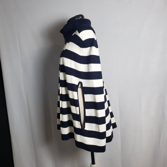 Talbots Poncho Sweater Caplet Navy Blue/White Striped Faux Wrap Cowl Neck Size S - Picture 3 of 14